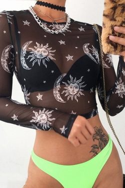 2020 Women Sexy Harajuku Mesh Tops Long Sleeve See Through T Shirt Transparent Sun Moon Star Print T Shirt Femininas Clubwear