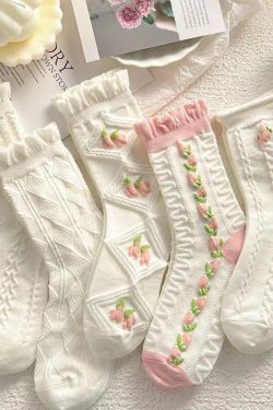 5 Pairs Lolita Ruffle Socks Girls Women Retro Embroidery Vintage Coquette Cottagecore Cute Harajuku Jk Fashion Aesthetic Gift