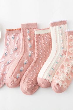 5 Pairs Ruffle Socks Girls Women Retro Embroidery Vintage Coquette Cute Harajuku Lolita Jk Fashion Aesthetic Winter Gift