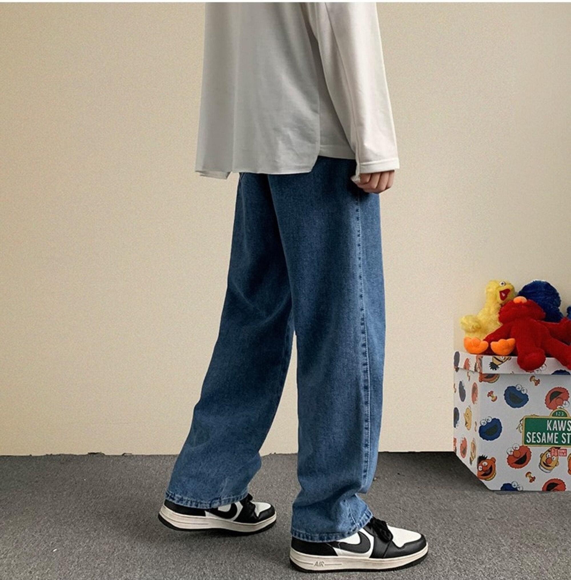 Autumn New Streetwear Baggy Jeans Men Korean Fashion Loose Straight Wide Leg Pants Male Brand Clothing Black Light Blue