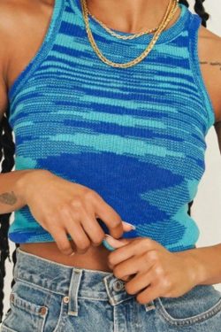 Knit Y2k Top Basic Crop Tops Women Sleeveless T Shirt Casual Summer Tank Top Off Shoulder Blue T Shirts O Neck Vintage Tees