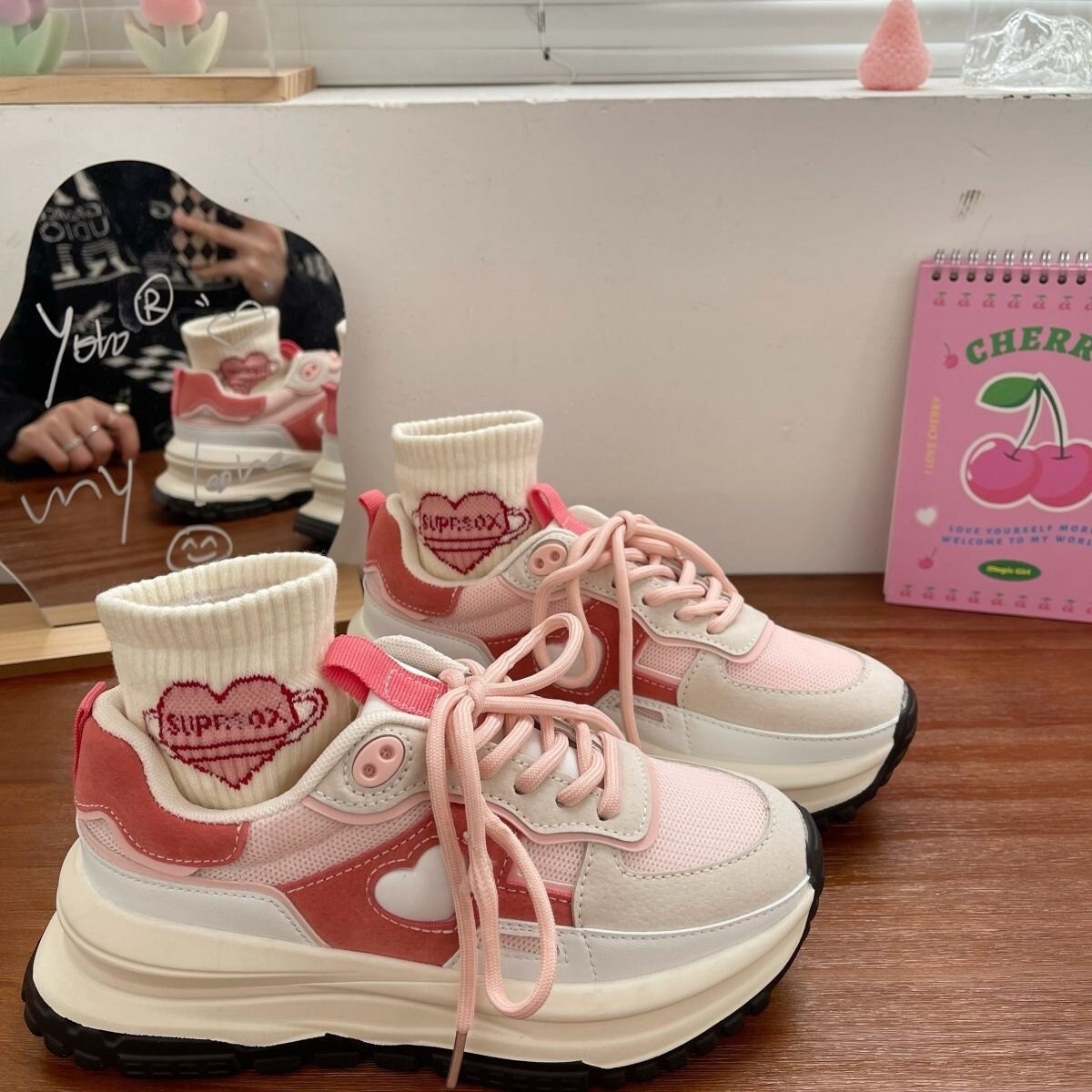 New Korean Women Sneakers Strawberry Pink Kawaii Love Sports Daddy Shoes Versatile Casual Platform Vulcanize Tennis