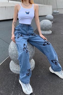  New Summer Vintage Jeans Woman Long Trousers Cowboy Female Loose Streetwear Butterfly Print Pants