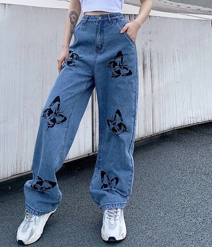 New Summer Vintage Jeans Woman Long Trousers Cowboy Female Loose Streetwear Butterfly Print Pants