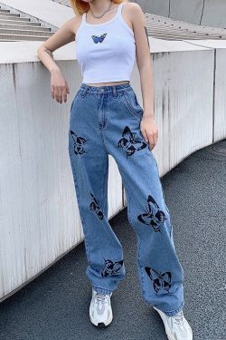 New Summer Vintage Jeans Woman Long Trousers Cowboy Female Loose Streetwear Butterfly Print Pants