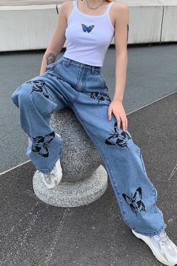  New Summer Vintage Jeans Woman Long Trousers Cowboy Female Loose Streetwear Butterfly Print Pants