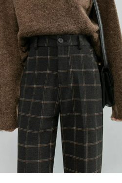 Plaid Wool Fabric Winter Pants For Your Love Dark Academia Formal High Waist Ankle Length Loose Harem Pants For Your Minimal Style