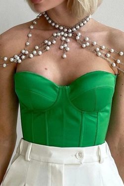 Satin Corset Crop Top Strapless Green Summer Sexy Tube Off Shoulder Party Sleeveless Bustier Tank Tops Women