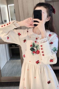 Spring Autumn Dress Women French Style Collar Long Sleeve Flowers Embroidery Dresses Fairy Slim Waist Knitting Clothes