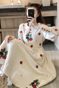 Spring Autumn Dress Women French Style Collar Long Sleeve Flowers Embroidery Dresses Fairy Slim Waist Knitting Clothes