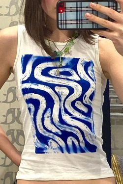Abstract Print Tank Top White Blue Cropped Top Women's Sleeveless Off Shoulder Retro Fashion Tee Streetwear 90's Y2k Sexy Casual Tank Top