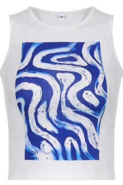 Abstract Print Tank Top White Blue Cropped Top Women's Sleeveless Off Shoulder Retro Fashion Tee Streetwear 90's Y2k Sexy Casual Tank Top