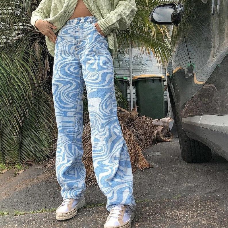 Abstract Swirl Zebra Print Jeans Blue Baggy Jeans Vintage Look High Waisted Jeans Y2k Hot Girl Summer Clothing 90s Aesthetic Clothing