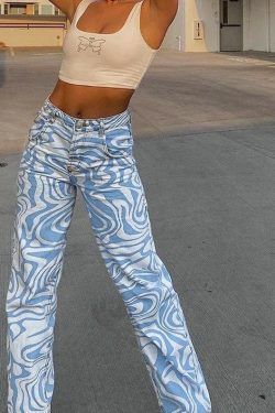 Abstract Swirl Zebra Print Jeans Blue Baggy Jeans Vintage Look High Waisted Jeans Y2k Hot Girl Summer Clothing 90s Aesthetic Clothing