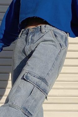 Aesthetic Baggy Jeans Light Blue Jeans High Waist Jeans Cargo Pants Streetwear Jeans