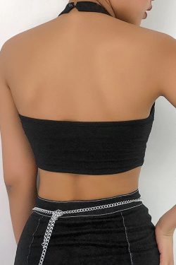 Aesthetic Black Sleeveless Cropped Halter Mesh Top Y2k Clothing Punk Clothes