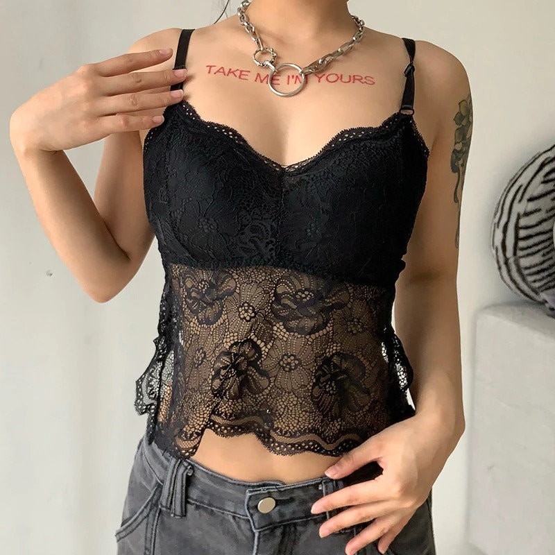 Aesthetic Lace Sleeveless Black Butterfly V Neck Off The Shoulder Crop Top