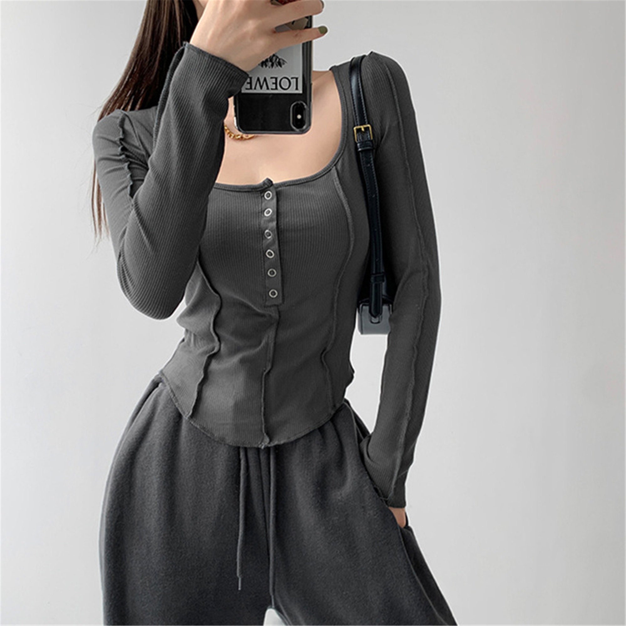 Aesthetic Long Sleeve Crop Top Gothic Cold Crop Top With Long Sleeve Single Breasted Long Sleeve Top Long Sleeve Cutout Top Clothing