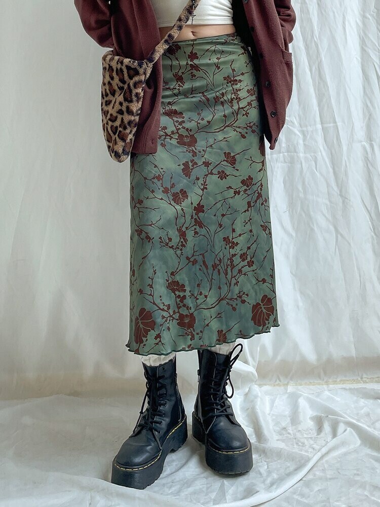 Aesthetic Retro Print Floral Low Waist Grunge Midi Skirt Trendy Clothes