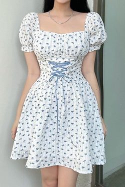 Aesthetic Short Puff Sleeve Pleated Mini Dress Floral Dress Trendy Clothes