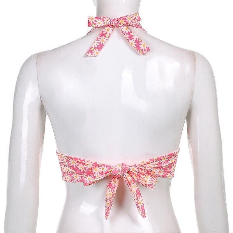 Aesthetic Sleeveless Pink V Neck Flower Print Backless Floral Crop Top