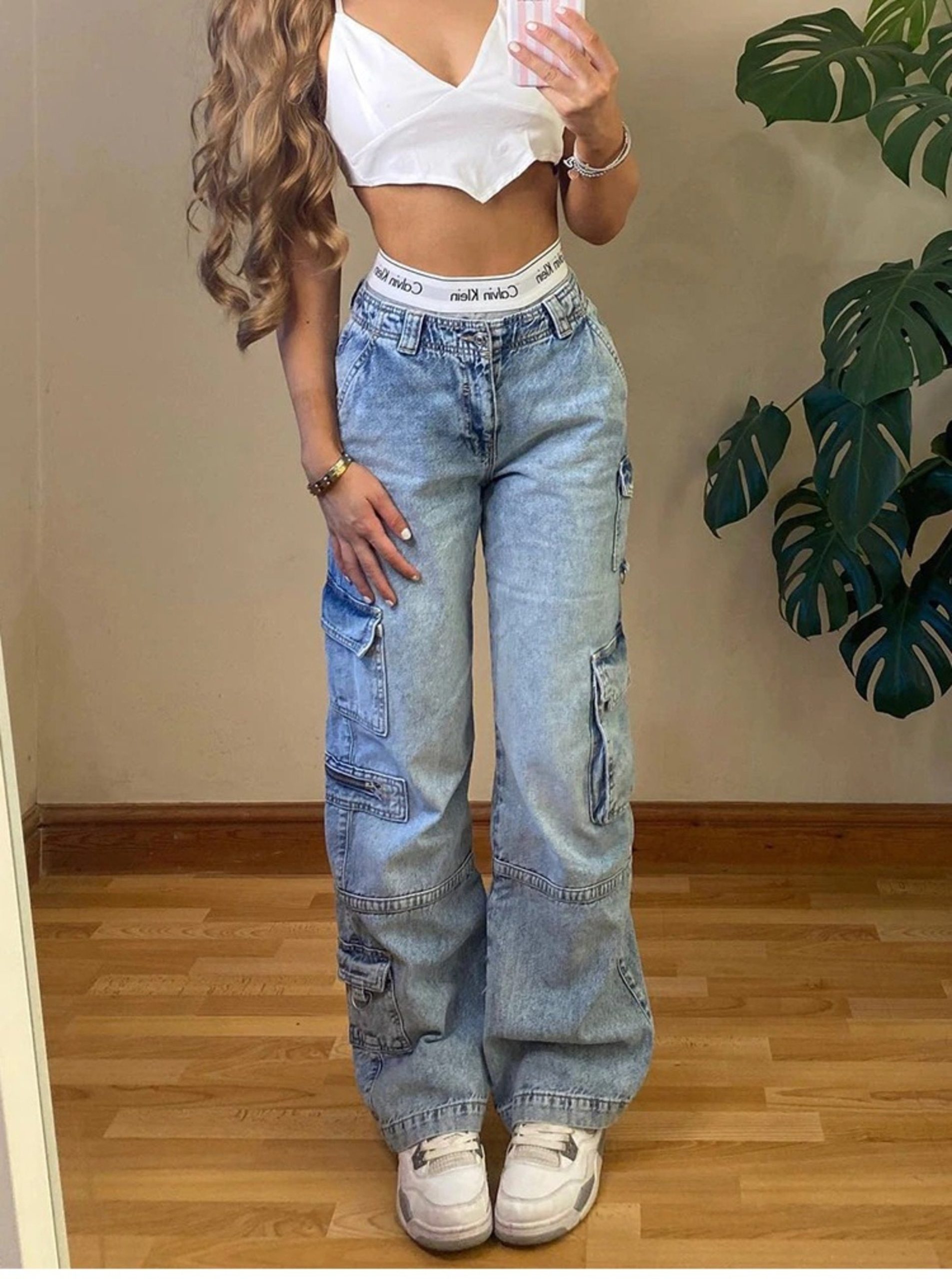 Aesthetic Vintage Cargo Women's Pants Y2k High Waist Straight Baggy Jeans Casual Chic Fake Zippers Pocket Female Trousers