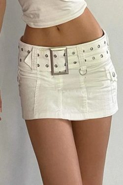 Aesthetics Basic Belted Low Waist Micro Skirts 2000s Fashion Sexy Pockets White Denim Skirt Cute Bottoms Clubwear