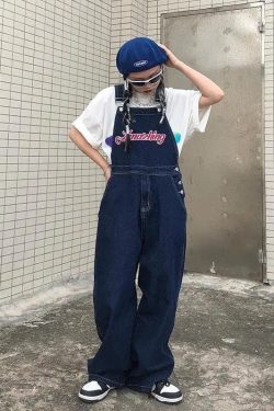 American Embroidery Denim Overalls Women Vintage Jean Jumpsuits New High Street Loose Straight Wide Leg Pants