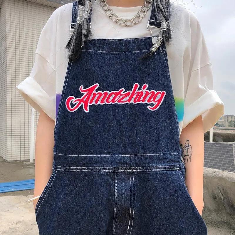 American Embroidery Denim Overalls Women Vintage Jean Jumpsuits New High Street Loose Straight Wide Leg Pants
