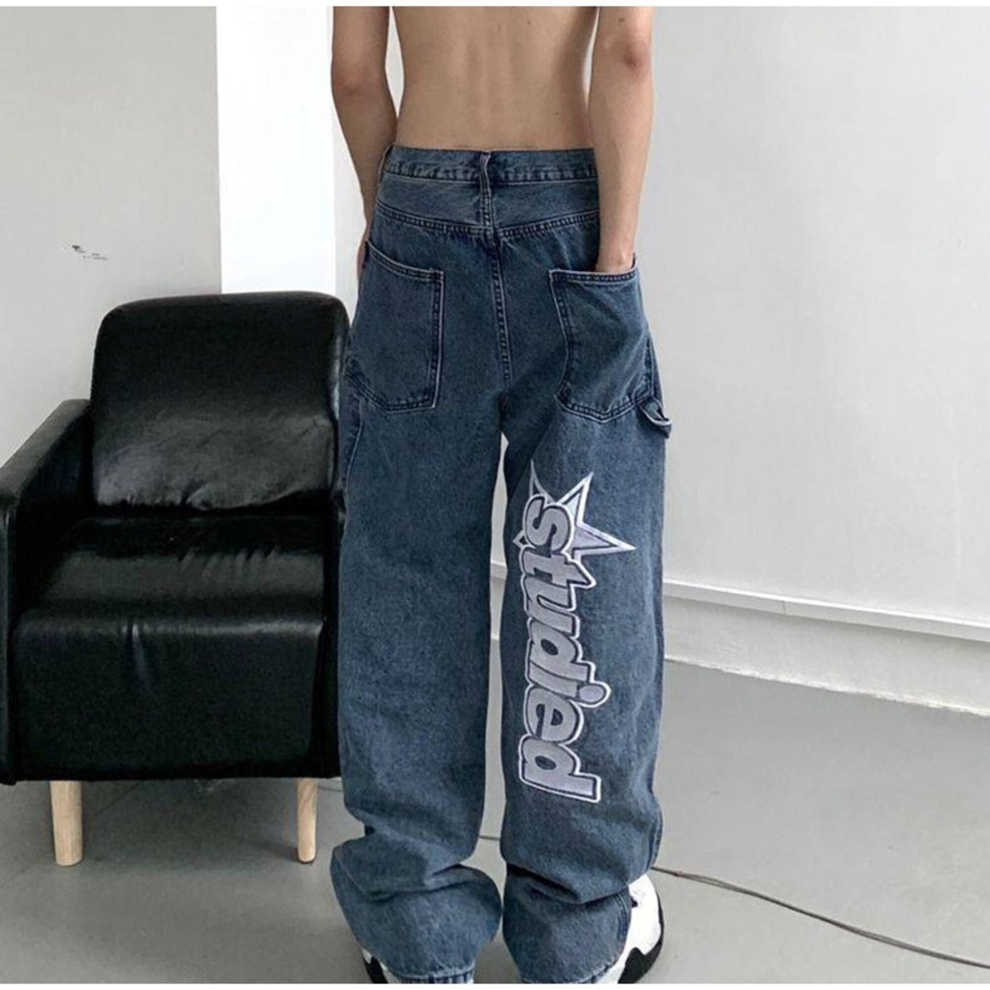 American Street Clothing Retro Trend Pocket Jeans Female Letter Star Print High Waist Casual Oversized Straight Pants Women