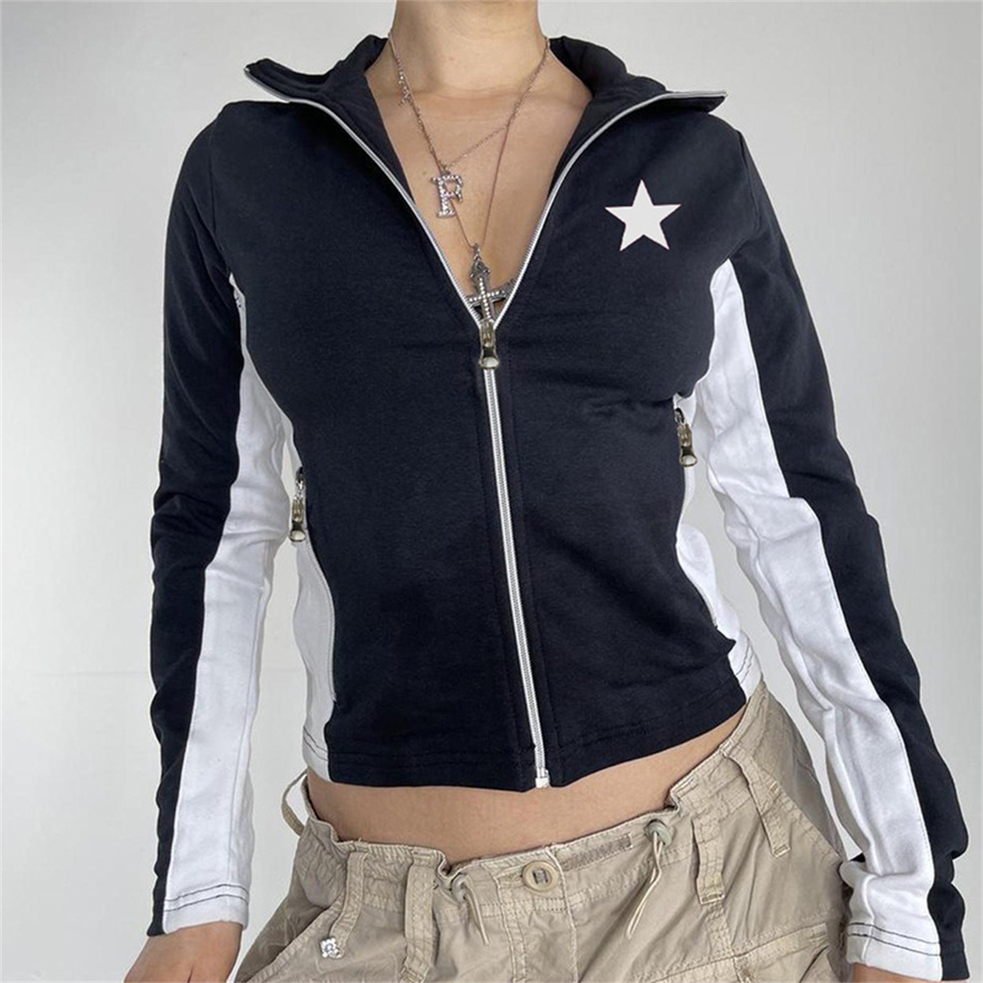 American Vintage Star Print Sweatshirt V Neck Aesthetic Sweatshirt Y2k Street Aesthetic Zipper Long Sleeve Long Sleeve Sweatshirt