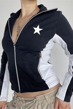 American Vintage Star Print Sweatshirt V Neck Aesthetic Sweatshirt Y2k Street Aesthetic Zipper Long Sleeve Long Sleeve Sweatshirt