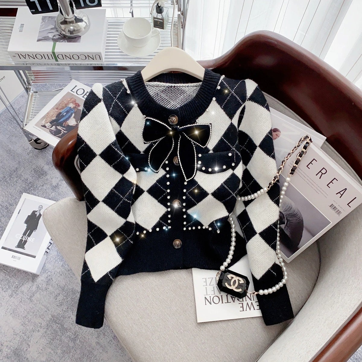 Argyle Knitted Thicken Sweater Cardigan Women Winter Bowtie Elegant Vintage Stylish Fashion Coat Jacket Long Sleeve Jumpers