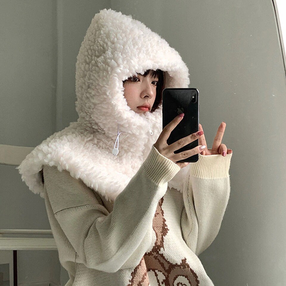 Artificial Lamb Hair Cashmere Hooded Neck Collar Cap Head Drawstring Thick Beanie Winter Warm Solid Color Adjustable Elastic Hat