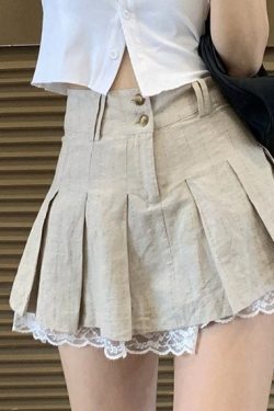 Ashion Khaki Short Skirt Lace Trim Cute Pleated Skirts Womens Preppy Style Button Up High Waist Summer Skirt