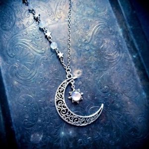 Asymmetrical Genuine Rainbow Moonstone Crescent Moon Necklace Filigree Moon Necklace