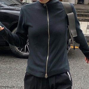 Autumn Black Solid Basic Long Sleeve Y2k Cropped Jackets Women Zip Up Stand Collar Slim Casual Sweats Tops Streetwear Cute Zip Up Outfits