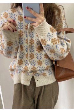 Autumn Cardigan Women Sweet Knitted Khaki Vintage Harajuku Clothing Korean Style Cardigan Floral Print Sweater