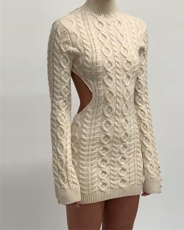 Autumn Knitted Backless Mini Dress For Women Turtleneck Stretched Soft Bodycon Casual Streetwear Female Vestidos