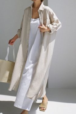 Autumn Long Sleeve Cotton Linen Shirt Dress Women Irregular Cardigan Dress Korean Style Big Size Bohemian Shirt