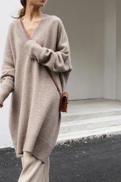 Autumn Long Sweater Female V Neck Oversized Loose Brown Knitted Jumper Woman Pullovers Femme Winter Streetwear Tops