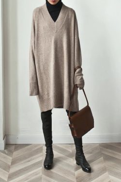 Autumn Long Sweater Female V Neck Oversized Loose Brown Knitted Jumper Woman Pullovers Femme Winter Streetwear Tops