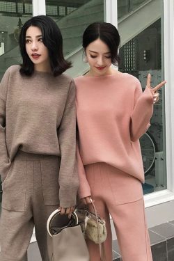 Autumn Outfit Relaxed Knitted Set Long Sleeves Pants Trousers Women Thick Sweaters Women Pullovers Tracksuits Women's Casual Jumpers