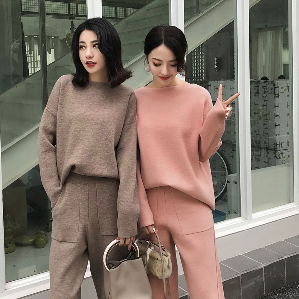 Autumn Outfit Relaxed Knitted Set Long Sleeves Pants Trousers Women Thick Sweaters Women Pullovers Tracksuits Women's Casual Jumpers