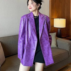 Autumn Oversized Shiny Purple Crocodile Pattern Faux Leather Blazer Women Long Sleeve Double Breasted Y2k Jacket Fashion Leather Jackets
