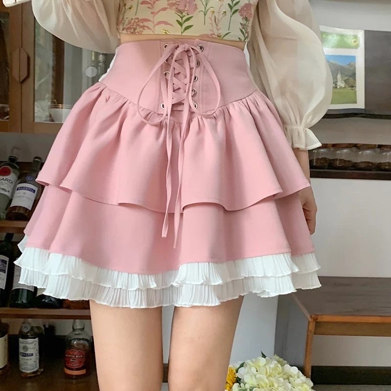 Autumn Pink Kawaii Mini Skirt Women Lace Up Pleated Skirt Aesthetic Skirt Harajuku Skirt Gothic Skirt Patchwork Korean Fashion Party Skirt