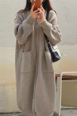Autumn Thicken Wool Long Cardigan Women Winter Single Breasted Pockets Knitted Coat Ladies Turtleneck Chic Knitwear Loose
