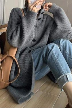 Autumn Thicken Wool Long Cardigan Women Winter Single Breasted Pockets Knitted Coat Ladies Turtleneck Chic Knitwear Loose