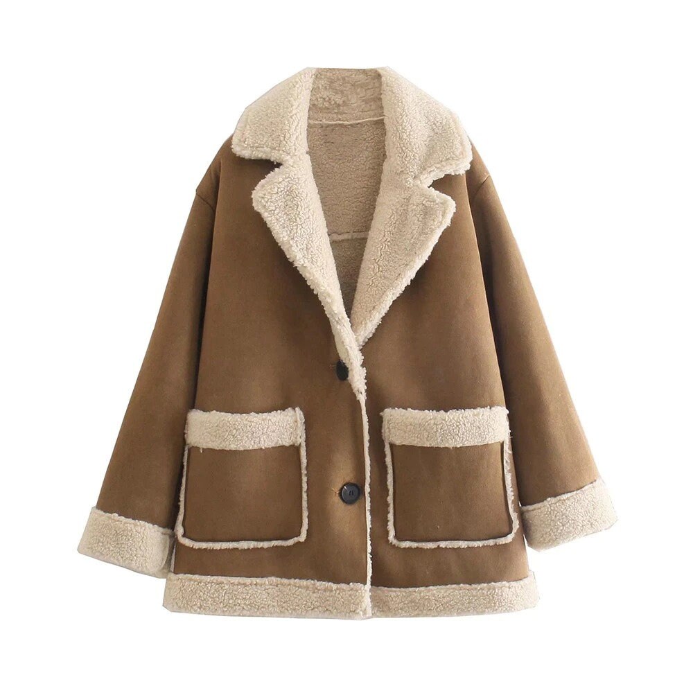 Autumn Warm Winter Faux Fur Fleece Coat Jacket Lamb Wool Thickened Chic Outwear Top Wool Brown Women Clothing Jacket