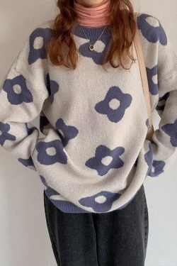 Autumn Winter Knitted Sweater Flower Pullover Vintage Loose Sweater Female Long Sleeve Oversized Sweaters Clothes